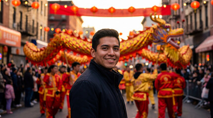 Happy hispanic man celebrating Chinese New Year at a dragon dance parade