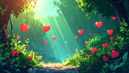 Hearts Floating in Sunny Forest Scene.