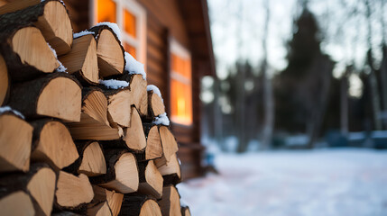 A stack of firewood outside a rustic log cabin covered in snow.  The soft glow of light streams from within, creating a cozy ambiance in a winter wonderland.