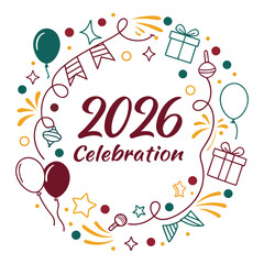 Festive 2026 Typography with Red and Blue Doodle Wreath.