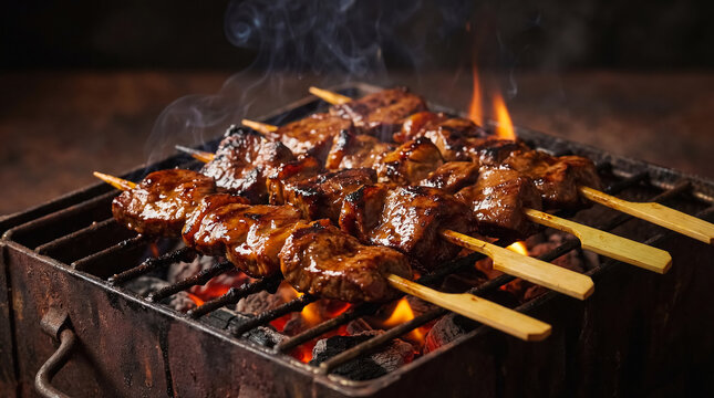 Preparation of Peruvian Anticuchos, beef heart skewers with grilled potatoes. Typical Peruvian cuisine