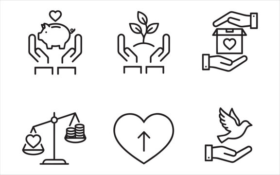 Charity and donation line icons set, support and care values