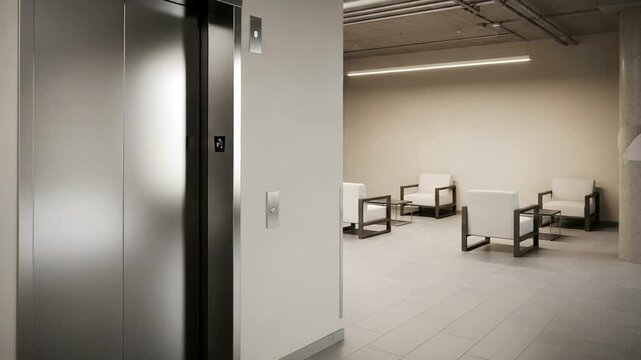 Sleek elevator opening to reveal modern lobby interior with minimalist lounge area, clean lines