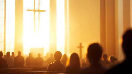 Congregation gathers in a sunlit church interior, the cross bathed in golden light. A scene of faith, worship, and community.