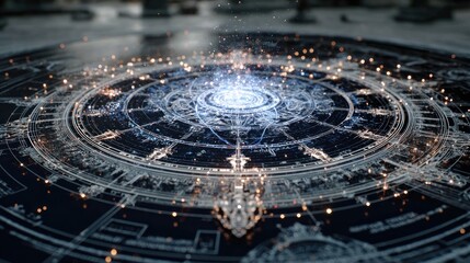 Mystical diagram with bright light and glowing particles in a futuristic setting