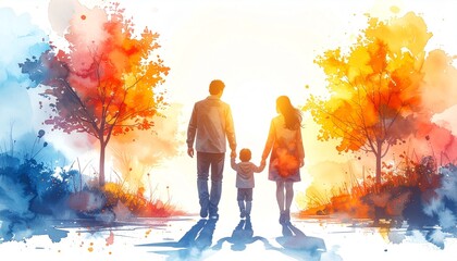 Family walking with watercolor trees, and sunny day.