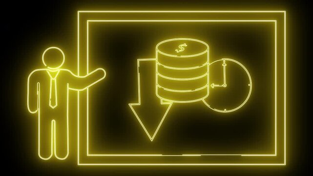 Neon graphic of a presenter showing a coin stack going down in time within a box