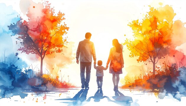 Family walking with watercolor trees, and sunny day.