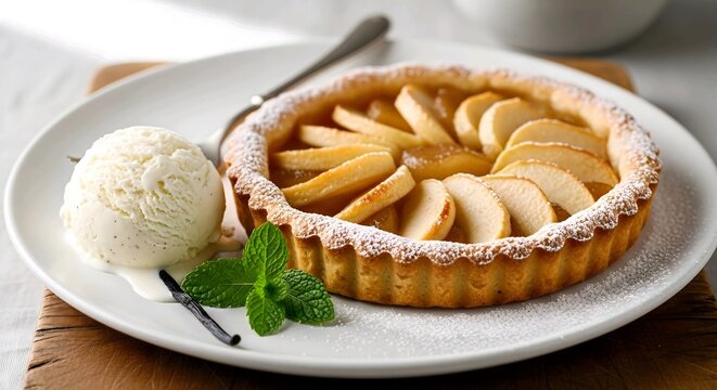 Golden baked apple tart perfectly paired with creamy vanilla bean ice cream and fresh mint, an inviting and delectable gourmet dessert presented on a pristine white plate
