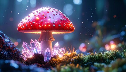 Fantasy red mushroom with crystals in forest.