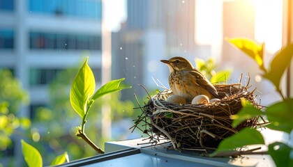 Bird in nest with eggs with city view.
