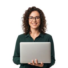 Smiling young woman with curly hair wearing glasses holding a modern laptop computer isolated on transparent background