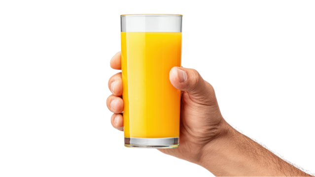 Hand Holding Glass of Fresh Orange Juice on White