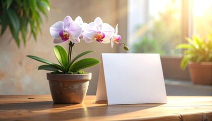 Close-up of a potted orchid with delicate white and pink flowers, blank card on a wooden table