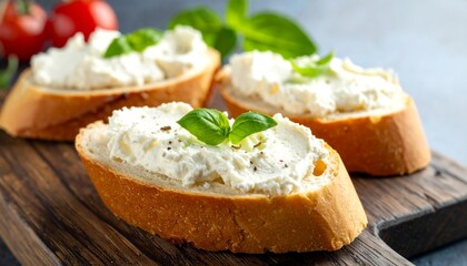 Bruschetta with cheese and basil.