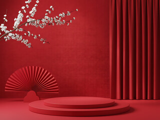 White blossoms over a red fan with deep red pleated curtains and red stage. Lunar New Year Celebration & Oriental Aesthetic