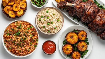 Overhead view showcasing an appetizing assortment of African cuisine dishes including jollof rice, fried plantains, roasted meat, and rice with peas on white table.
