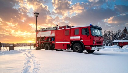 Fire truck on snow at sunset.