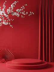White blossoms over a red fan with deep red pleated curtains and red stage. Lunar New Year Celebration & Oriental Aesthetic