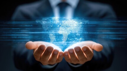 Ai powered personalized news engine concept. A businessman holding a digital globe with glowing lines.