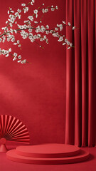 White blossoms over a red fan with deep red pleated curtains and red stage. Lunar New Year Celebration & Oriental Aesthetic