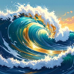 Large, curling ocean wave at sunrise, with bright golden hues