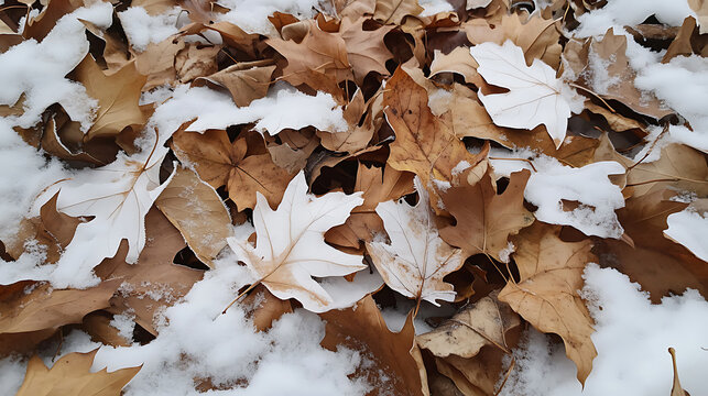 Golden leaves embrace winter's touch, dusted with snow. Nature's contrast creates a serene, wintry scene, showcasing autumn's last stand against the cold.