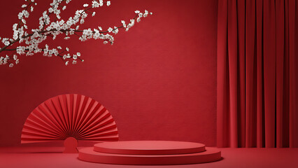 White blossoms over a red fan with deep red pleated curtains and red stage. Lunar New Year Celebration & Oriental Aesthetic