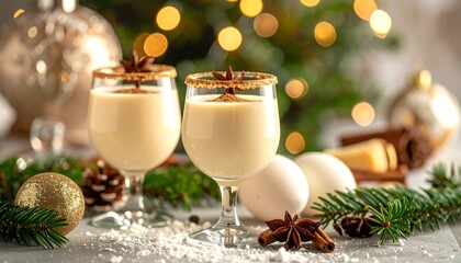 Festive holiday drinks, garnished and set for a cozy Christmas celebration with ornaments