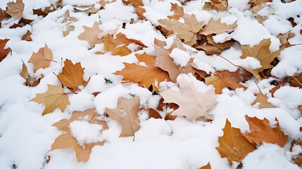 Golden leaves amidst snow: a striking juxtaposition of seasonal beauty. Witness nature's art as autumn meets winter in a delicate, transient display of colors.