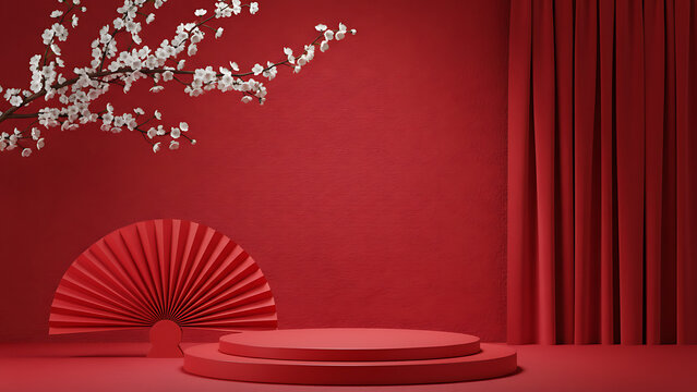White blossoms over a red fan with deep red pleated curtains and red stage. Lunar New Year Celebration & Oriental Aesthetic