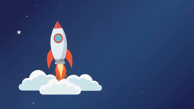 Illustration of a rocket launching into the starry sky with clouds