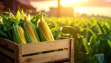 Freshly harvested corn in wooden crate.