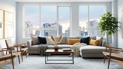 Stylish and modern living room interior design showcasing comfort and elegance in an urban setting