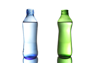 Blue and Green Soda Bottles on White Background Two Carbonated Drink Bottles Filled with Soda Isolated