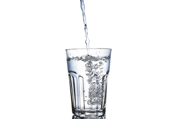 Pouring Water into Glass on White Background Fresh Water Flowing into Clear Drinking Glass Isolated