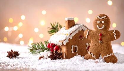 Gingerbread Man  House with Christmas Scene.