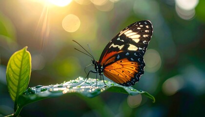 Butterfly on leaf with nature, and sunshine.