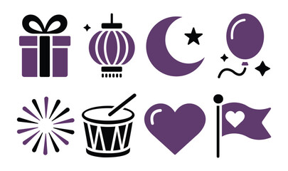 Celebration vector glyph icons set of party symbols and decoration elements