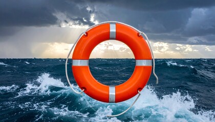 Lifebuoy afloat in stormy ocean.