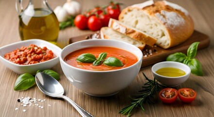 Wholesome and inviting homemade tomato soup, prepared with fresh garden ingredients, served alongside crusty artisan bread, rich olive oil, and aromatic herbs for a comforting healthy meal