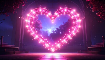 Glowing heart with lights on arch.