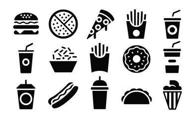 Fast food icons set with burger, pizza, fries, taco and soda drink symbol vector