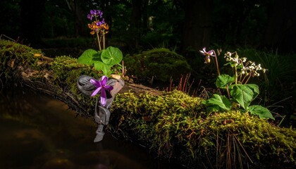 Lush forest scene. Blooms and greenery adorn a moss-covered log across a serene stream