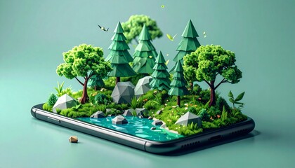 Forest ecosystem on smartphone with 3D render.