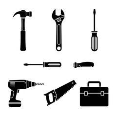 Fototapeta premium Essential toolkit icons featuring hammer, wrench, screwdrivers, drill, saw, and toolbox for construction and DIY projects