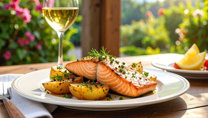 Grilled salmon with potatoes and white wine.
