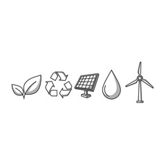 Sustainable energy icons including leaf, recycle symbol, solar panel, water drop, and wind turbine represent eco-friendly power solutions.