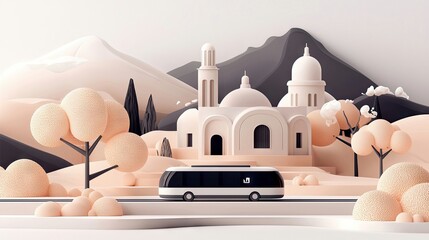 A futuristic bus travels past a stylized building in a dreamscape environment with mountains and trees.