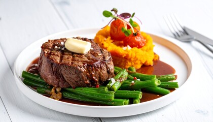 Grilled steak with vegetables and sauce.